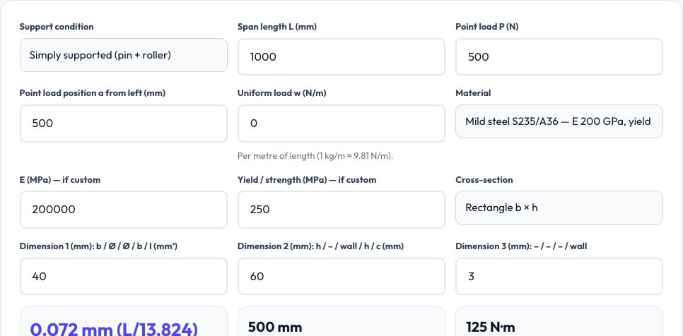 Screenshot of the free Beam Deflection & Stress Calculator (with Diagrams) tool on AZRS QuickFix