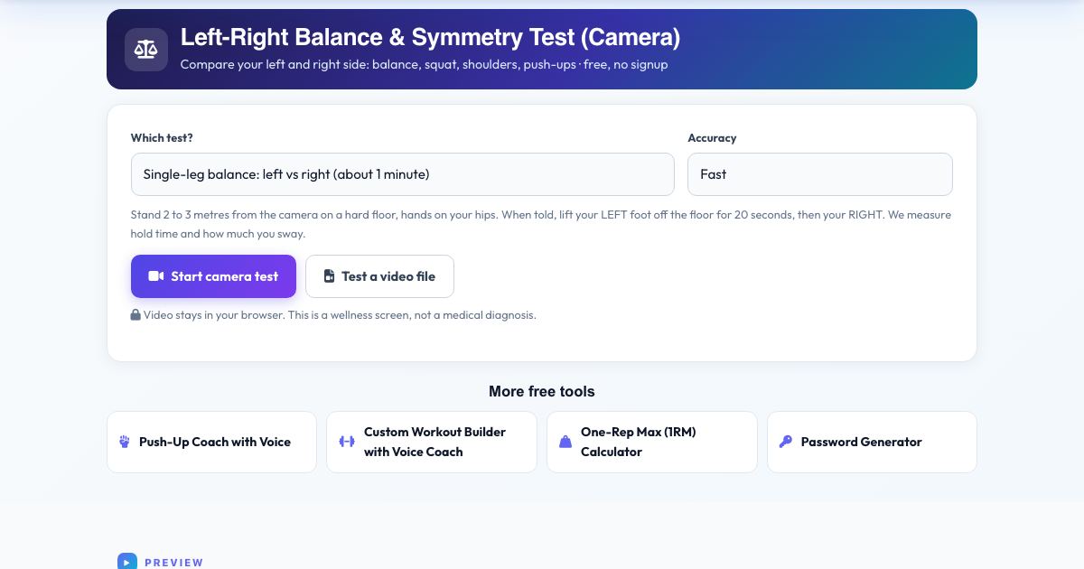 Screenshot of the free Left-Right Balance & Symmetry Test (Camera) tool on AZRS QuickFix
