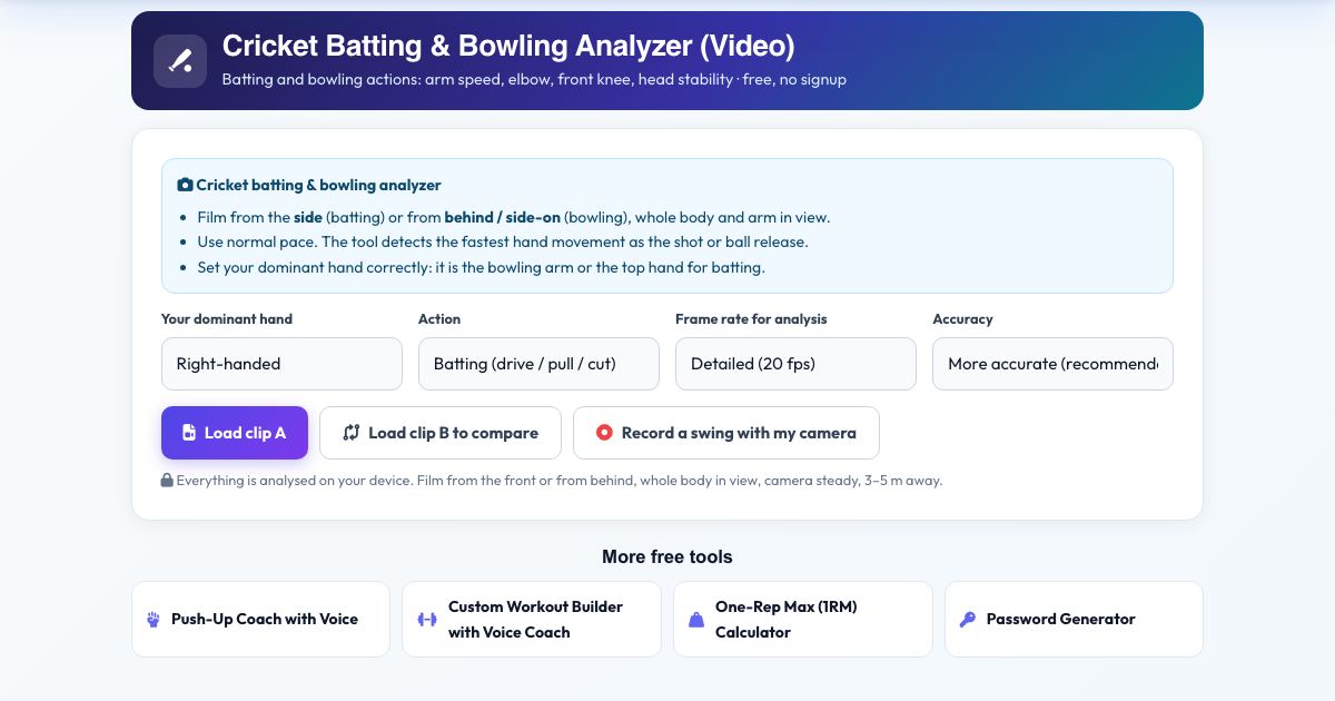 Screenshot of the free Cricket Batting & Bowling Analyzer (Video) tool on AZRS QuickFix