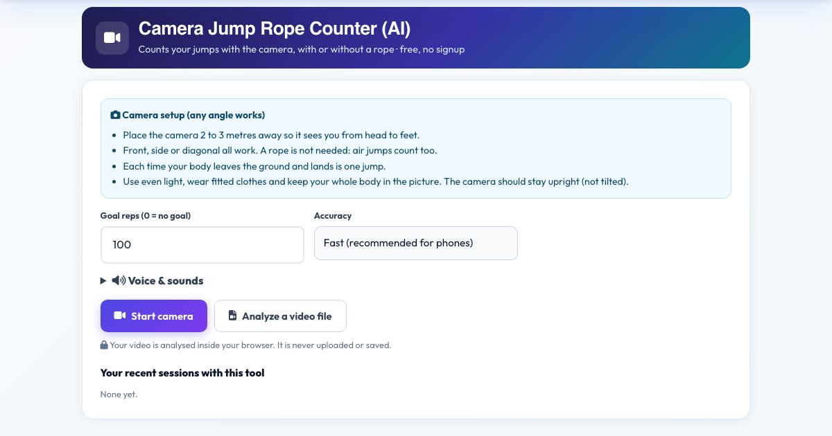 Screenshot of the free Camera Jump Rope Counter (AI) tool on AZRS QuickFix