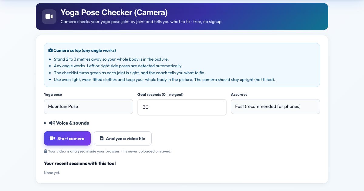 Screenshot of the free Yoga Pose Checker (Camera) tool on AZRS QuickFix