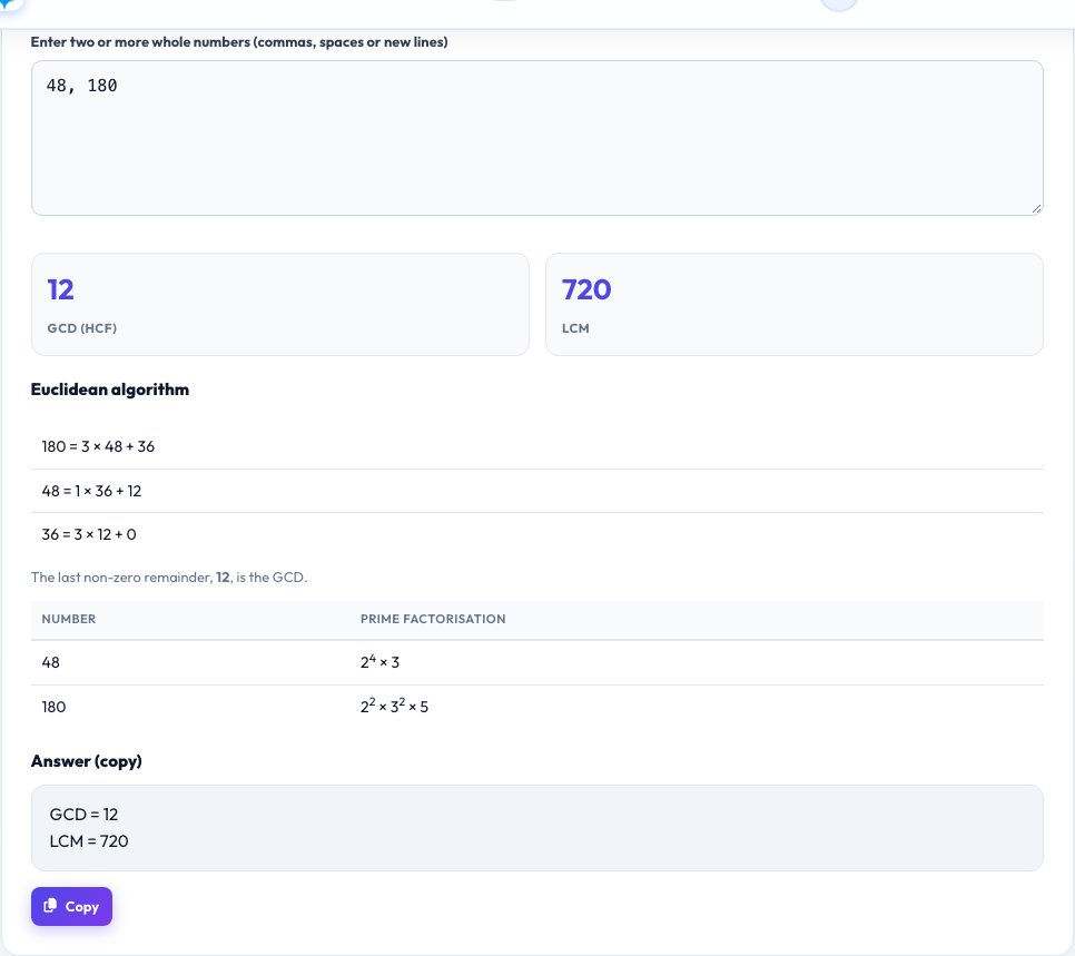 Step 1 — starting GCD & LCM Calculator on AZRS QuickFix