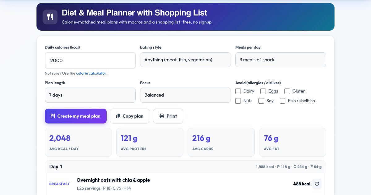 Screenshot of the free Diet & Meal Planner with Shopping List tool on AZRS QuickFix