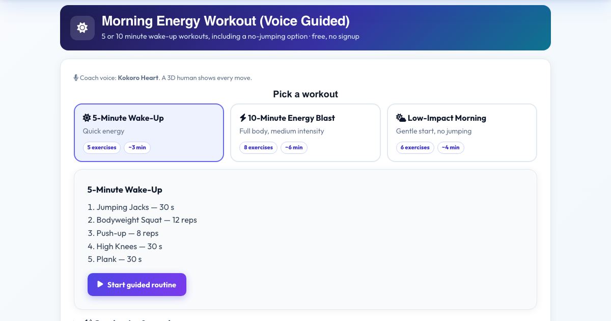 Screenshot of the free Morning Energy Workout (Voice Guided) tool on AZRS QuickFix