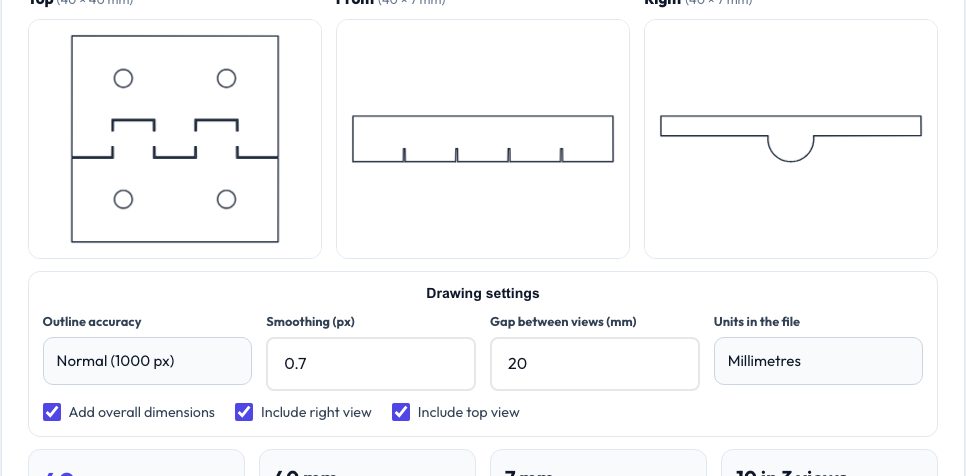Screenshot of the free STL to 2D Drawing — Top, Front & Side Views to SVG / DXF tool on AZRS QuickFix
